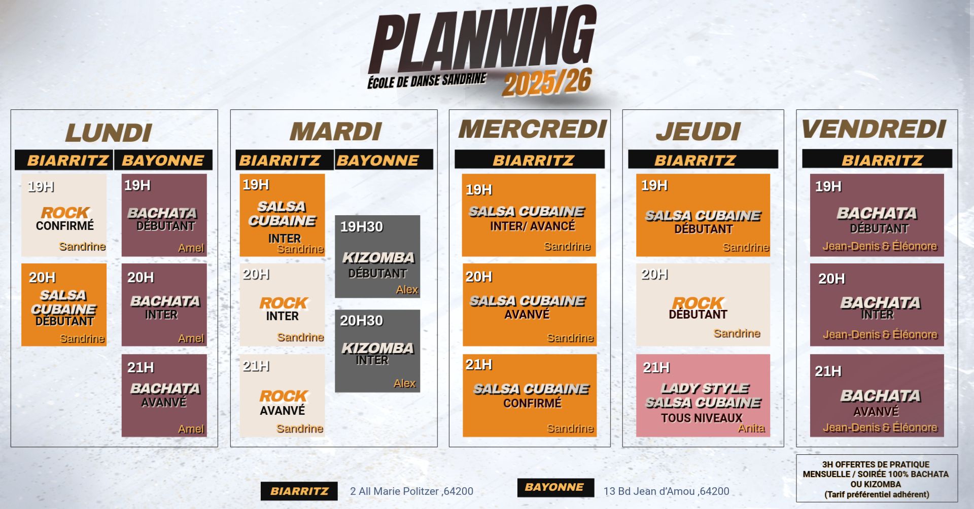 planning des cours 2025 et 2026
